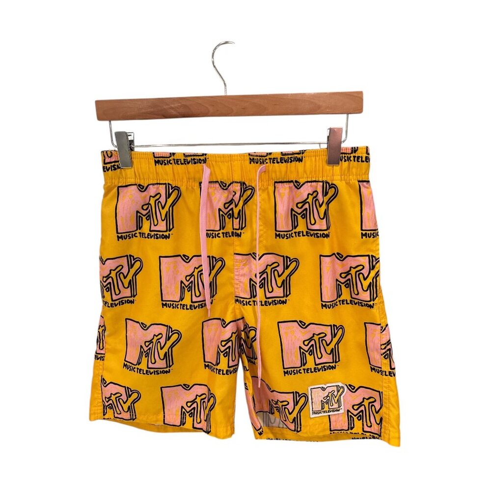 MTV Music Television Yellow Swim Shorts S 100% Polyester Elastic Waistband & Dra